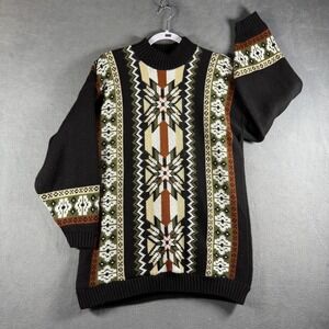 Vintage Clifton Place Knits USA Geometric Fair Isle Mock Neck Sweater Black XL